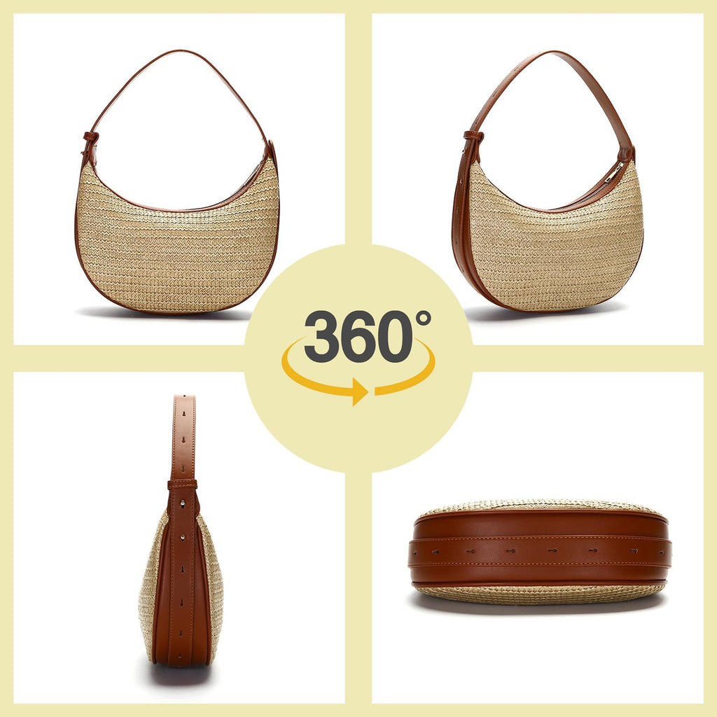 Herald Straw Crossbody Bag for Women Beach Woven Hobo Handbag Summer Chic Crescent Shoulder Purses with Adjustable Strap