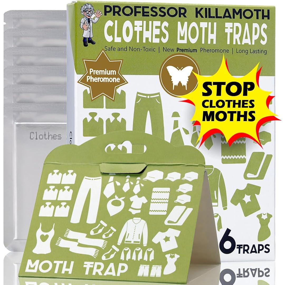 Professor Killamoth Industrial Strength Clothes Moth Traps – Safe, Non-Toxic Closet Moth Prevention For Clothes & Wool – Pheromone Traps For House & Wardrobe Protection – 6 Pack