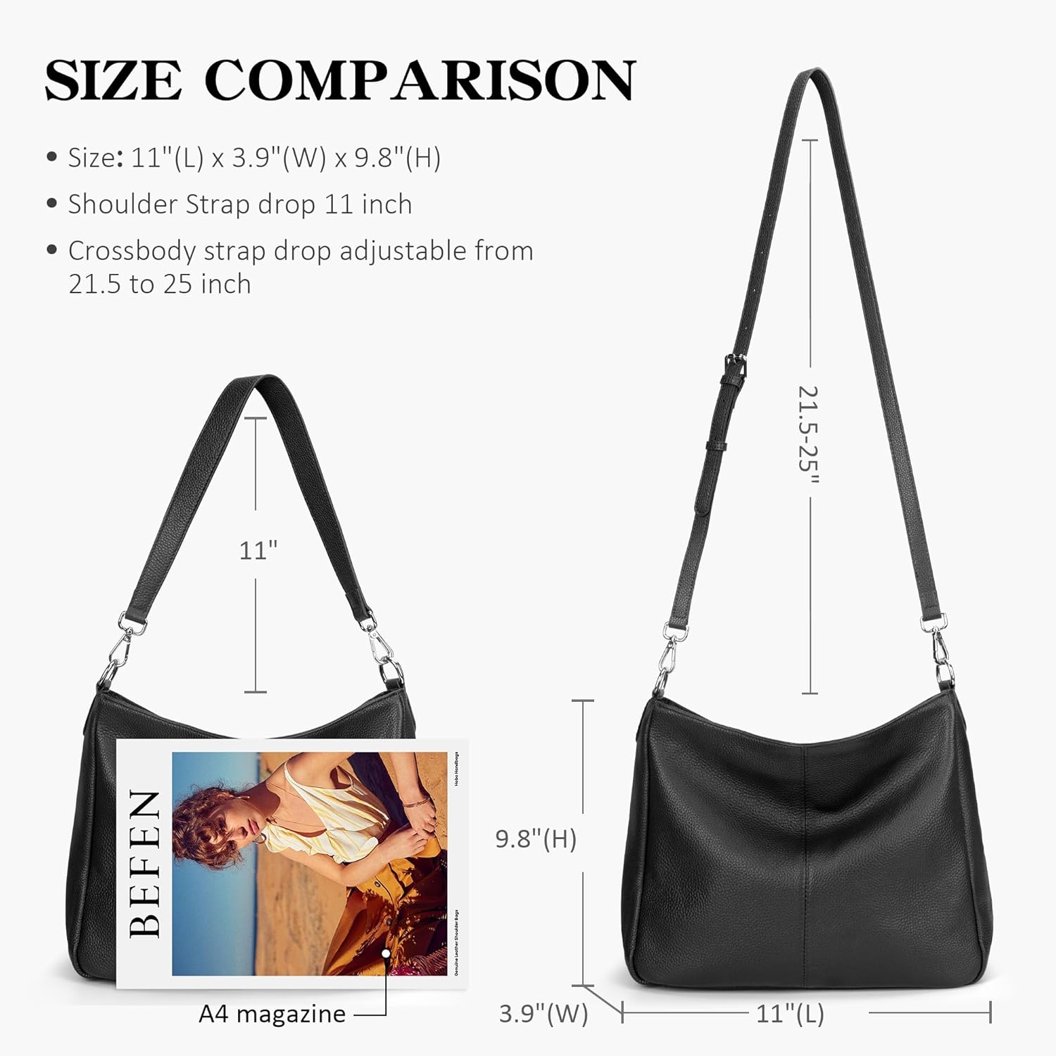 befen Genuine Leather Hobo Bags Purses for Women, Women's Shoulder bag Handbags Crossbody Bag with 2 Shoulder Straps