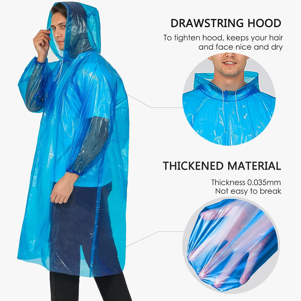 Disposable Rain Ponchos For Adults, Clear Poncho With Hood, Emergency Raincoats For Hiking, Camping, Travel