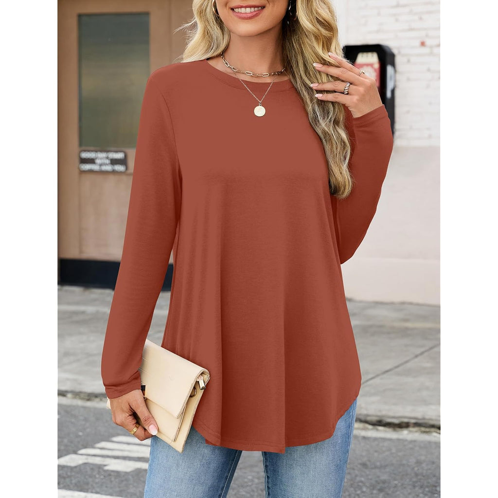 Womens Long Sleeve Tunic Tops Crew Neck Shirts for Leggings Fall Curved Hem Flowy Tops Casual 2026 Trendy