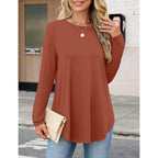 Womens Long Sleeve Tunic Tops Crew Neck Shirts for Leggings Fall Curved Hem Flowy Tops Casual 2026 Trendy