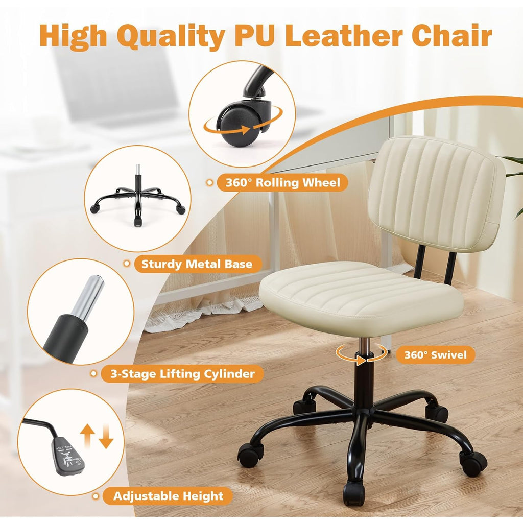 Sweetcrispy Small Office Desk Chair - Armless PU Leather with Comfy Lumbar Support, Height Adjustable Rolling Swivel Task for No Arms, for Adult, Student, Bedroom, Home, Vanity, Beige White
