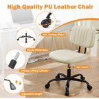 Sweetcrispy Small Office Desk Chair - Armless PU Leather with Comfy Lumbar Support, Height Adjustable Rolling Swivel Task for No Arms, for Adult, Student, Bedroom, Home, Vanity, Beige White