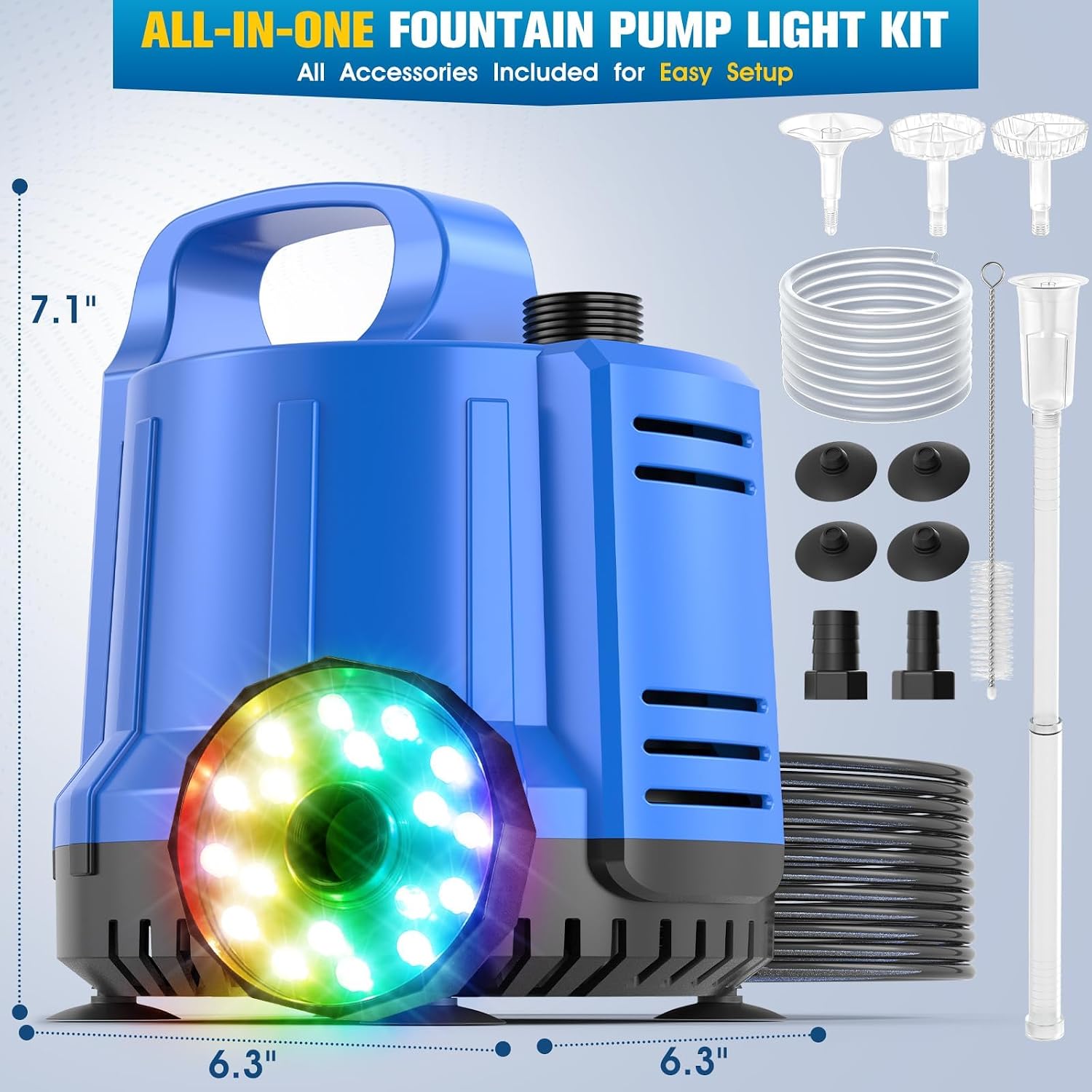 2-In-1 Pool Cover Pump With Fountain Lights, Submersible Water Pump Swimming Water Removal Pumps, Pond Pump And Fountain Pump Kit, Sump Pumps For Pool Draining, Auto Water Sensor, 16Ft Hose-Deep Blue