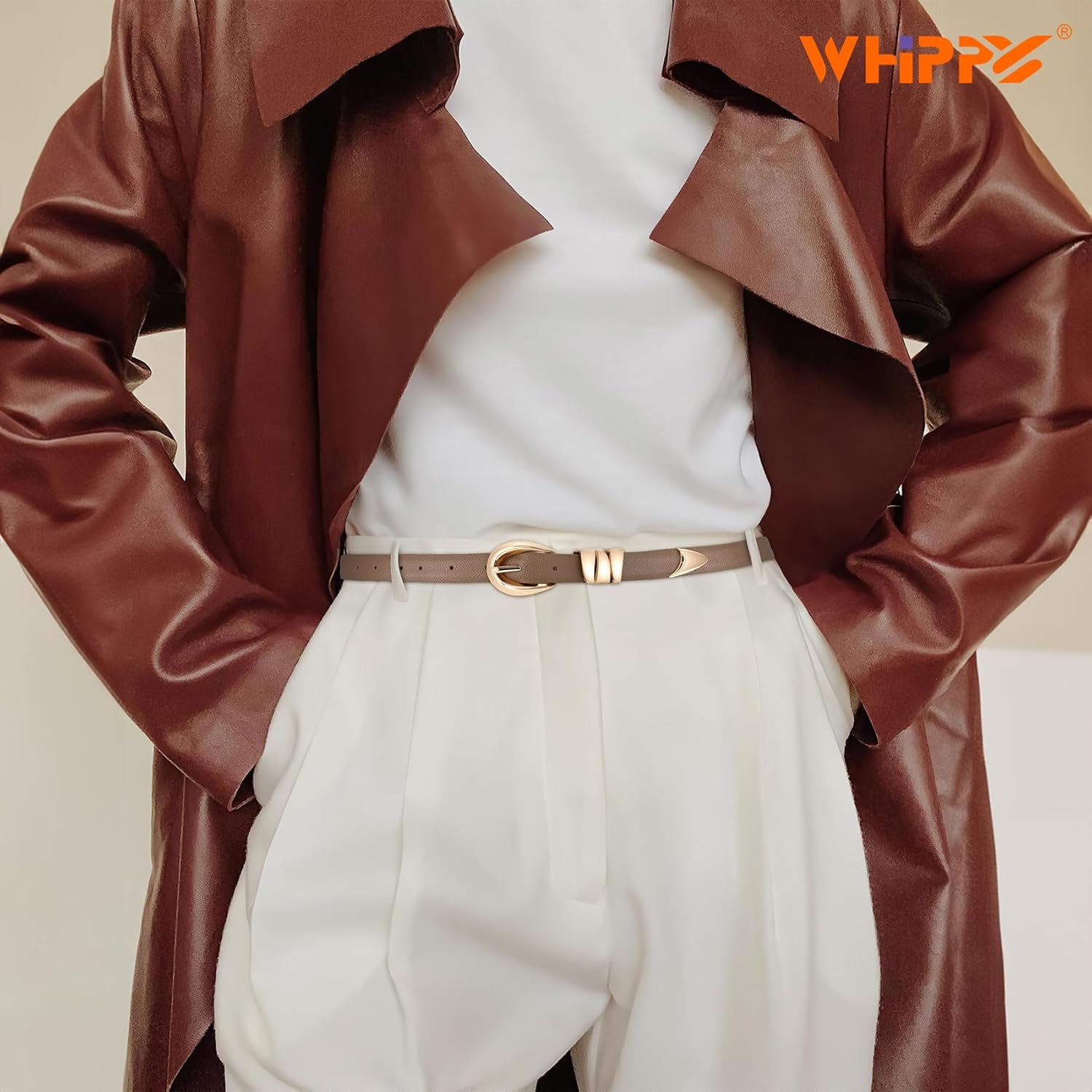 WHIPPY Women Skinny Leather Belt for Jeans Pants Dresses Ladies Fashion Waist Belt with Shiny Gold Buckle
