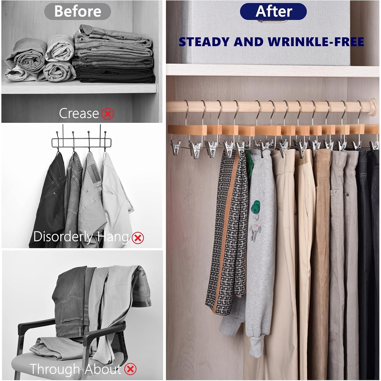Amber Home 24 Pack Wooden Pants Hangers With Clips, 14" Natural Wood Skirt & Trouser Hangers, Closet Hangers For Jeans, Slacks, Shorts, With 2-Adjustable Clips (Natural, 24)