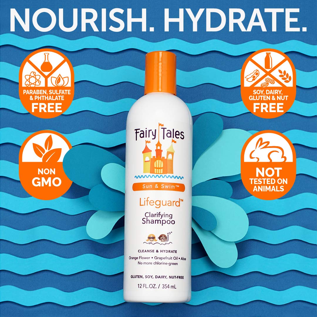 Fairy Tales Sun & Swim Shampoo & Conditioner For Kids - Chlorine Removal Swim Shampoo, Removes Green Pool Tones, Sea Salt & Mineral Buildup - Delicious Tropical Scent– 12Oz + 8Oz