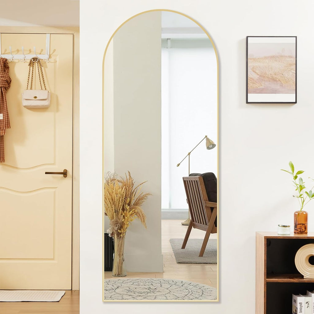 Sweetcrispy 64"x21" Arched Full Length Mirror, Leaning or Standing Full Body Mirror with Aluminum Alloy Thin Frame, Suitable for Bedroom or Cloakroom,Gold