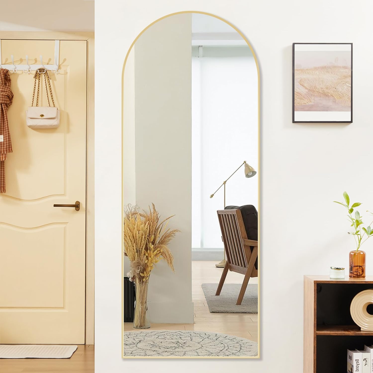 Sweetcrispy 64"x21" Arched Full Length Mirror, Leaning or Standing Full Body Mirror with Aluminum Alloy Thin Frame, Suitable for Bedroom or Cloakroom,Gold