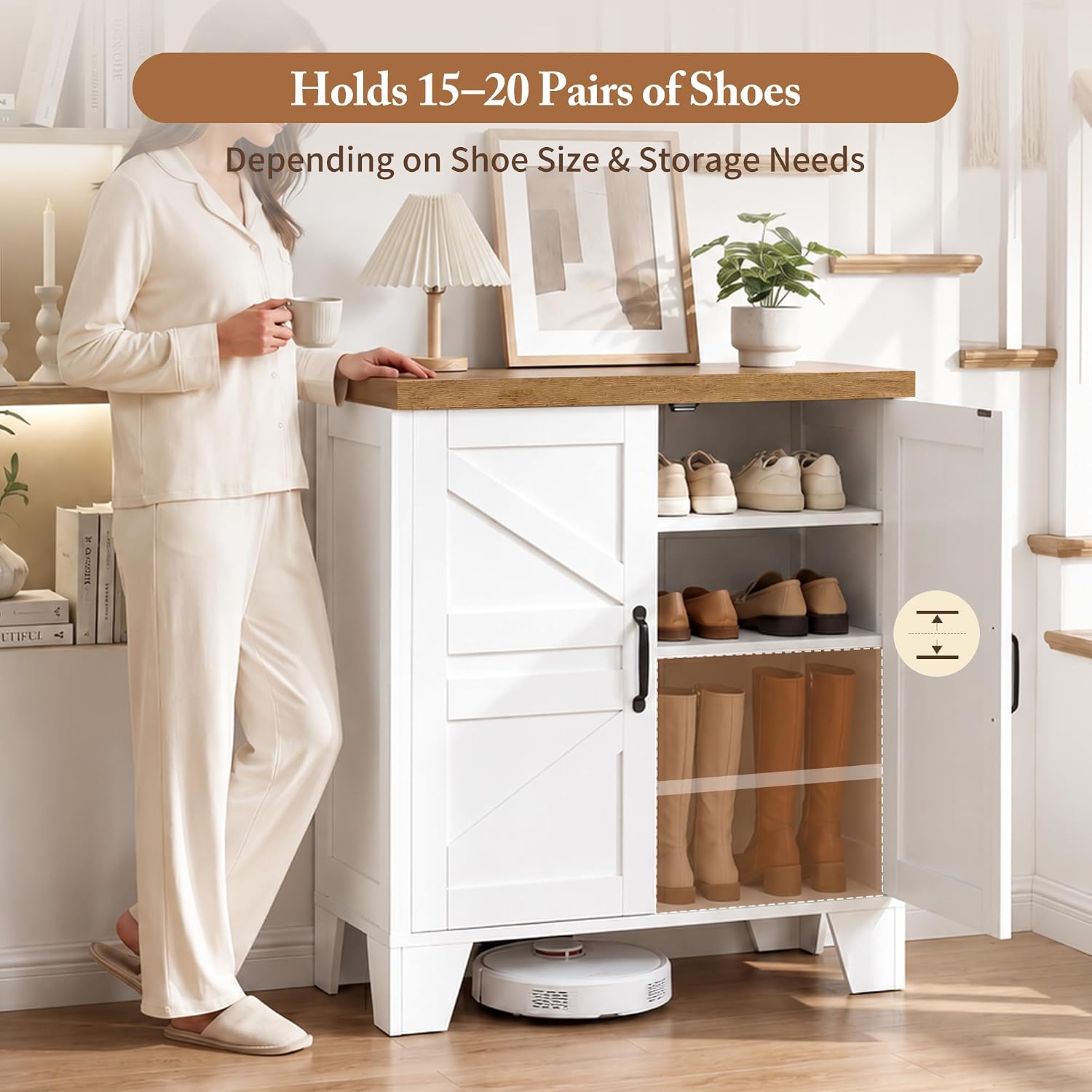 Heybly Shoe Cabinet, Modern Farmhouse Entryway Shoe Storage Cabinet With Doors, Adjustable Shelves,Hidden Shoe Storage, Versatile Entryway Cabinet Furniture With Thick Top & Reinforced Legs, Hsc001Wwb