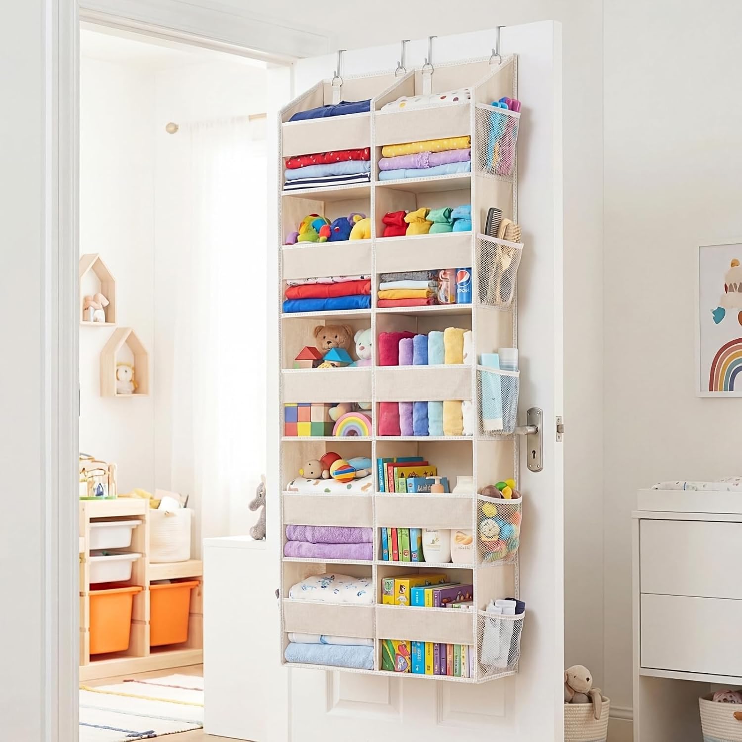 Over The Door Organizer 5 Tiers,Extra Large Behind Door Storage Of 10 Compartments,80 Lbs Weight Capacity Over The Door Storage, Door Hanging Organizer For Closet, Diaper Organizer, Beige