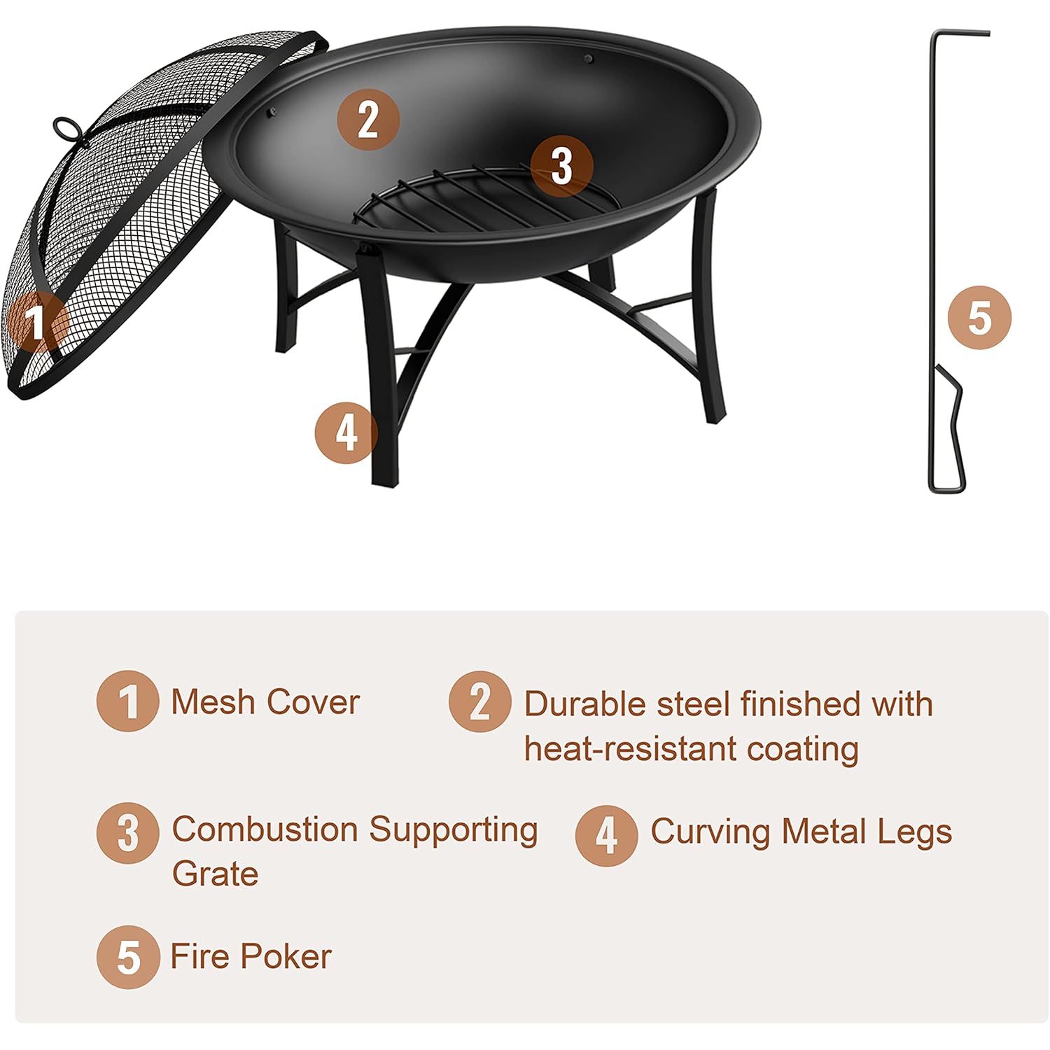 Fire Beauty Fire Pit For Outside Wood Burning,Bbq Grill Steel Fire Bowl With Spark Screen Cover,Log Grate,Poker For Camping Beach Bonfire Picnic Backyard Garden