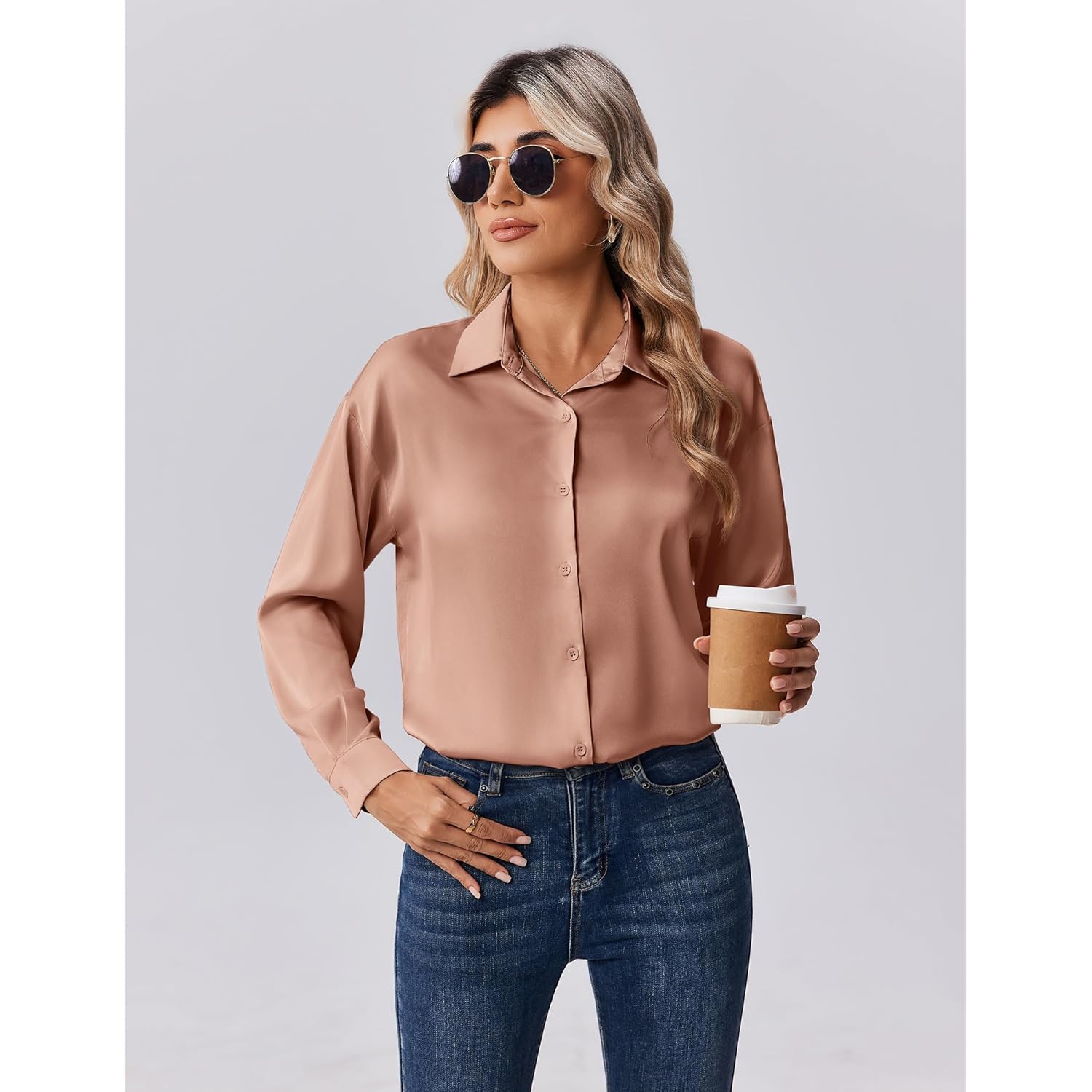 Womens Tops Long Sleeve Satin Silk Button Down Shirts Casual Business Dressy Blouses Fall Clothes