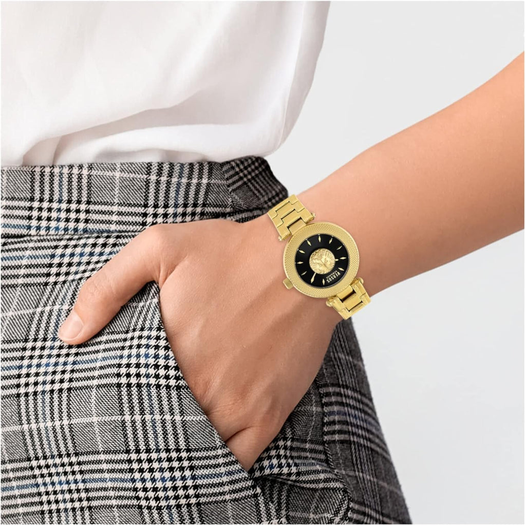 Versus Versace Brick Lane Lion Women'S Watch, 36Mm Gold Tone Stainless Steel Case, Black Sunray Dial, Gold Tone Bracelet, Quartz Movement, 3 Atm Water Resistant