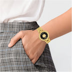 Versus Versace Brick Lane Lion Women'S Watch, 36Mm Gold Tone Stainless Steel Case, Black Sunray Dial, Gold Tone Bracelet, Quartz Movement, 3 Atm Water Resistant