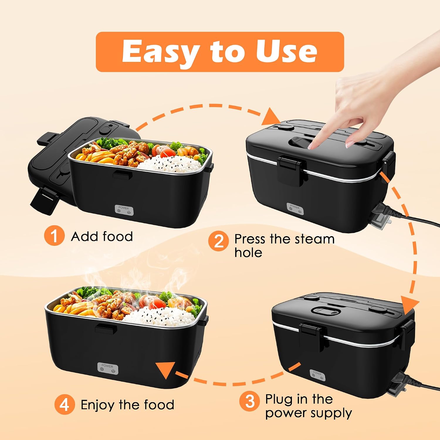 Electric-Lunch-Box-Heated-Food-Warmer 100W Heating Lunchbox For Adults 1.8L Portable Food Heater For Work/Car, 12V/24V/110-230V Lonchera Eléctrica Portátil With Fork Spoon (Black)