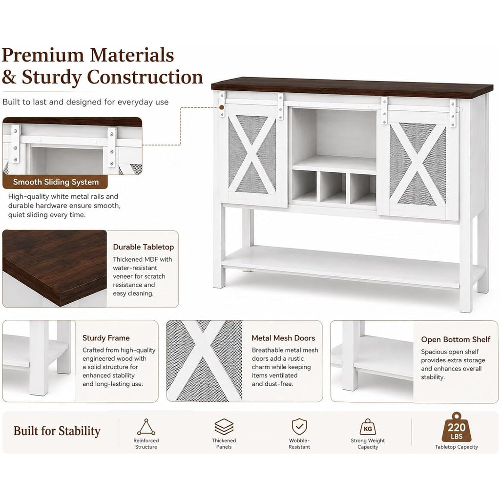 47" Farmhouse Coffee Bar Cabinet With Storage, Sideboard Buffet Table With Wine Rack And Sliding Barn Door, Liquor Cabinet For Kitchen Dining Room, White