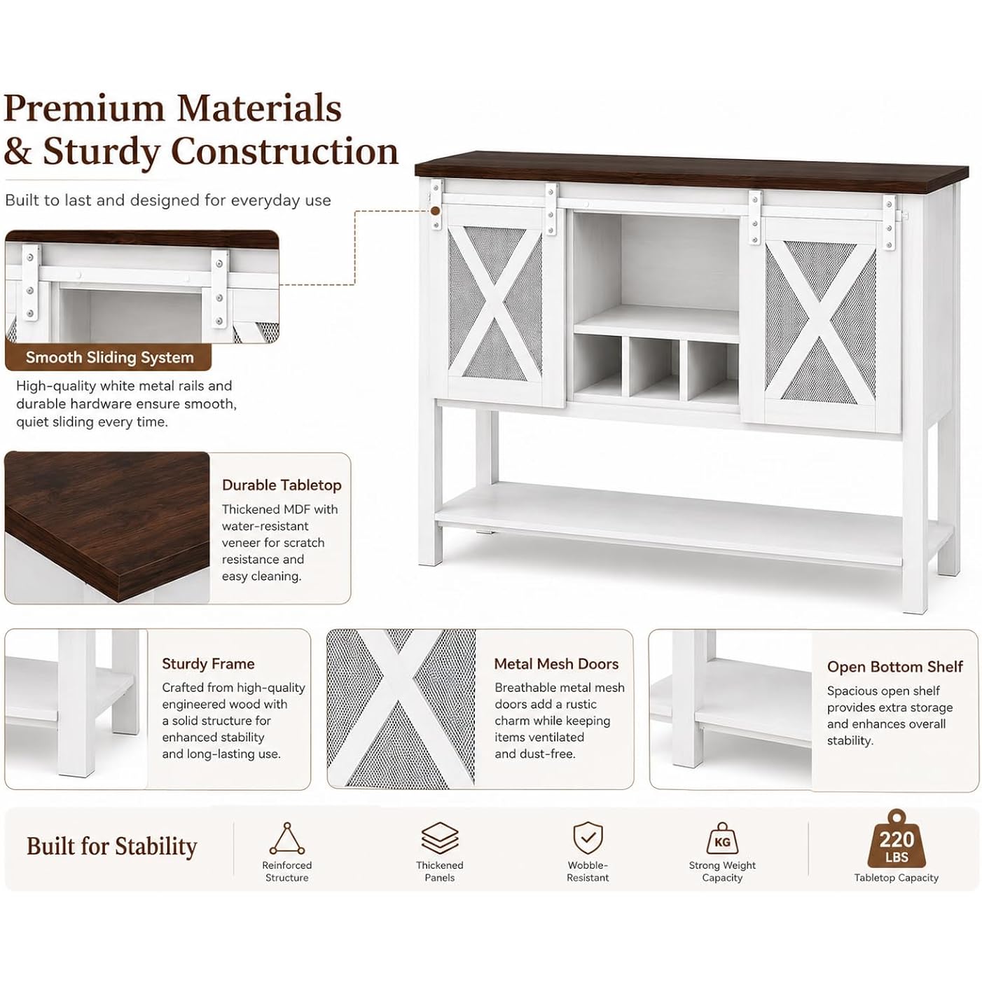 47" Farmhouse Coffee Bar Cabinet With Storage, Sideboard Buffet Table With Wine Rack And Sliding Barn Door, Liquor Cabinet For Kitchen Dining Room, White