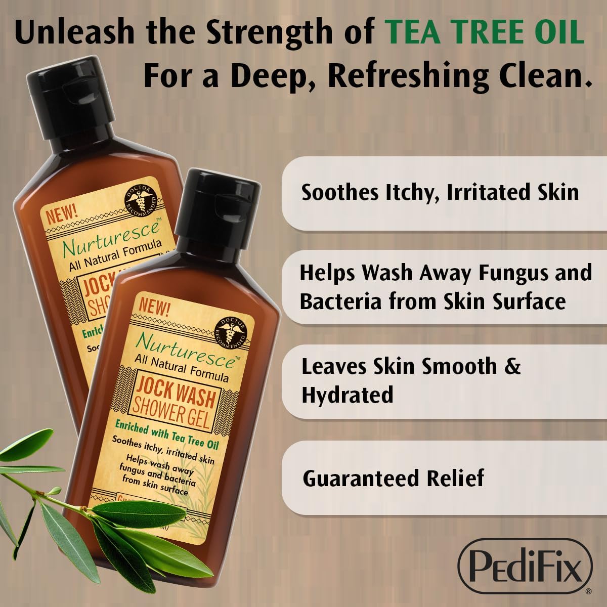 Pedifix Nurturesce Jock Wash Shower Gel, 6 Fluid Ounce - Tea Tree Oil Enriched, Anti-Fungal, Soothes Itchy Irritated Skin, Natural Body Wash (Packaging May Vary)