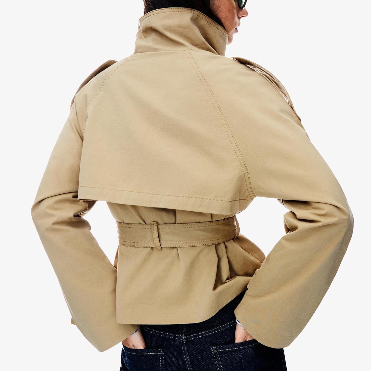 Women'S Cropped Trench Coat Double Breasted Short Jacket High Collar Fall Winter Coats Trendy Outfit With Belt