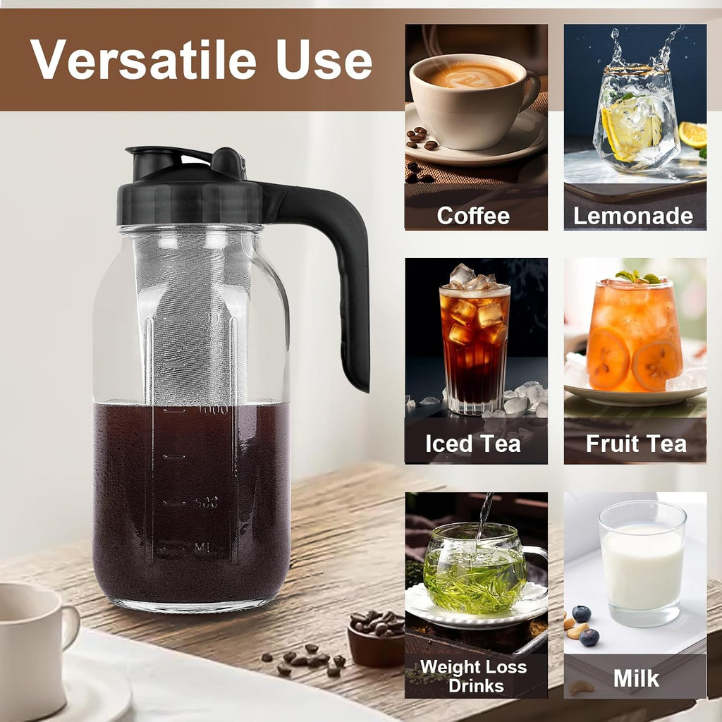 Cold Brew Coffee Maker Pitcher, 64 Oz Heavy Duty Glass Mason Jar Pitcher With V-Shaped Pour Spout Handle Lid,Stainless Steel Filter For Iced Coffee,Iced Tea,Fruit Drinks,Lemonade - Black