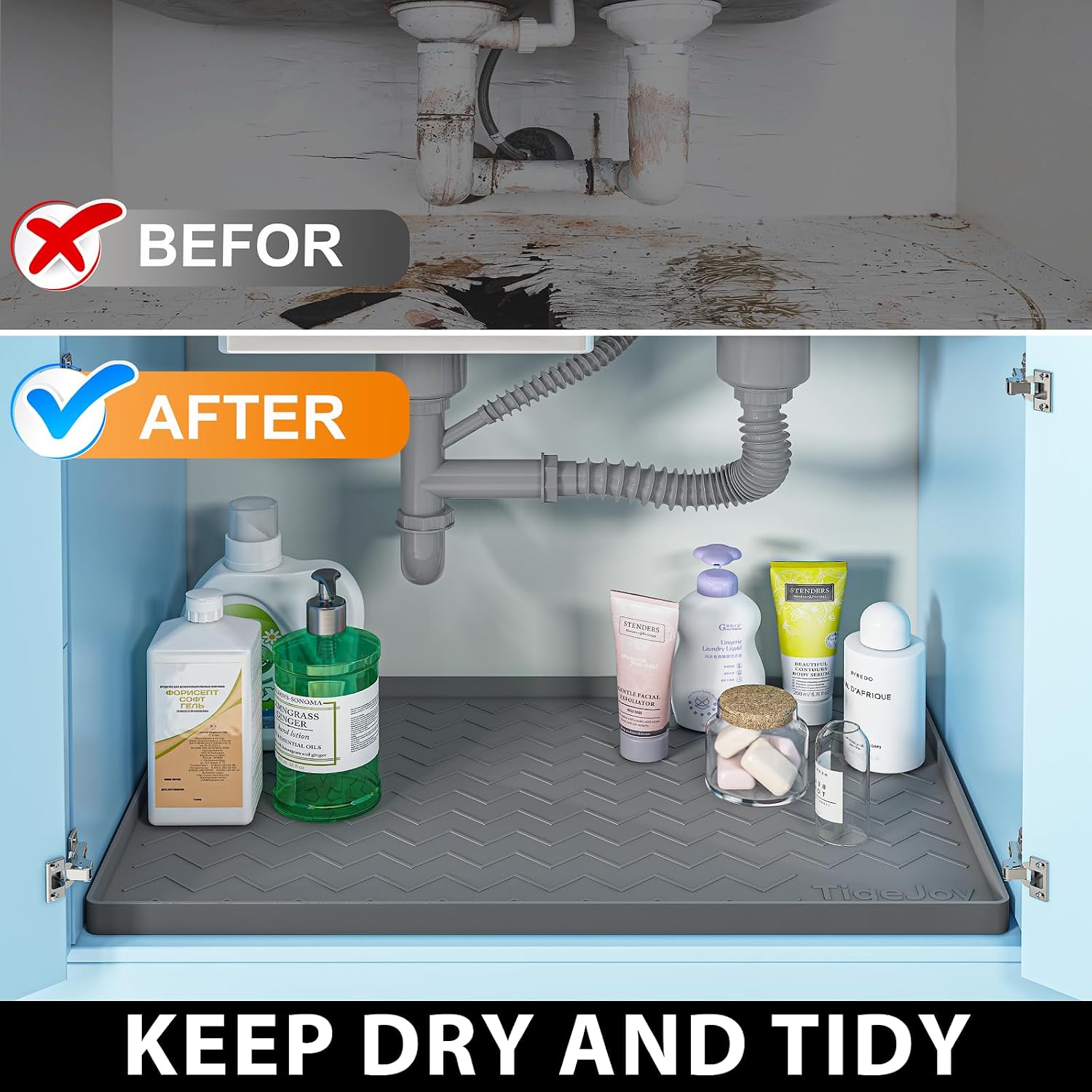 Tigejoy 34" X 22" Under Sink Mats For Kitchen Waterproof, Leak-Proof Silicone Mat Sink Protector And Cabinet Liner, Kitchen Essentials Organizer And Storage, Boot Or Shoe Tray, Pet Feeding Mat