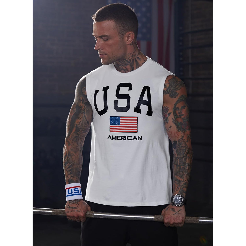 Mainfini Men American Flag Tank Top Muscle Graphic Gym Workout Usa Sleeveless Tee Shirts (S-3Xl)