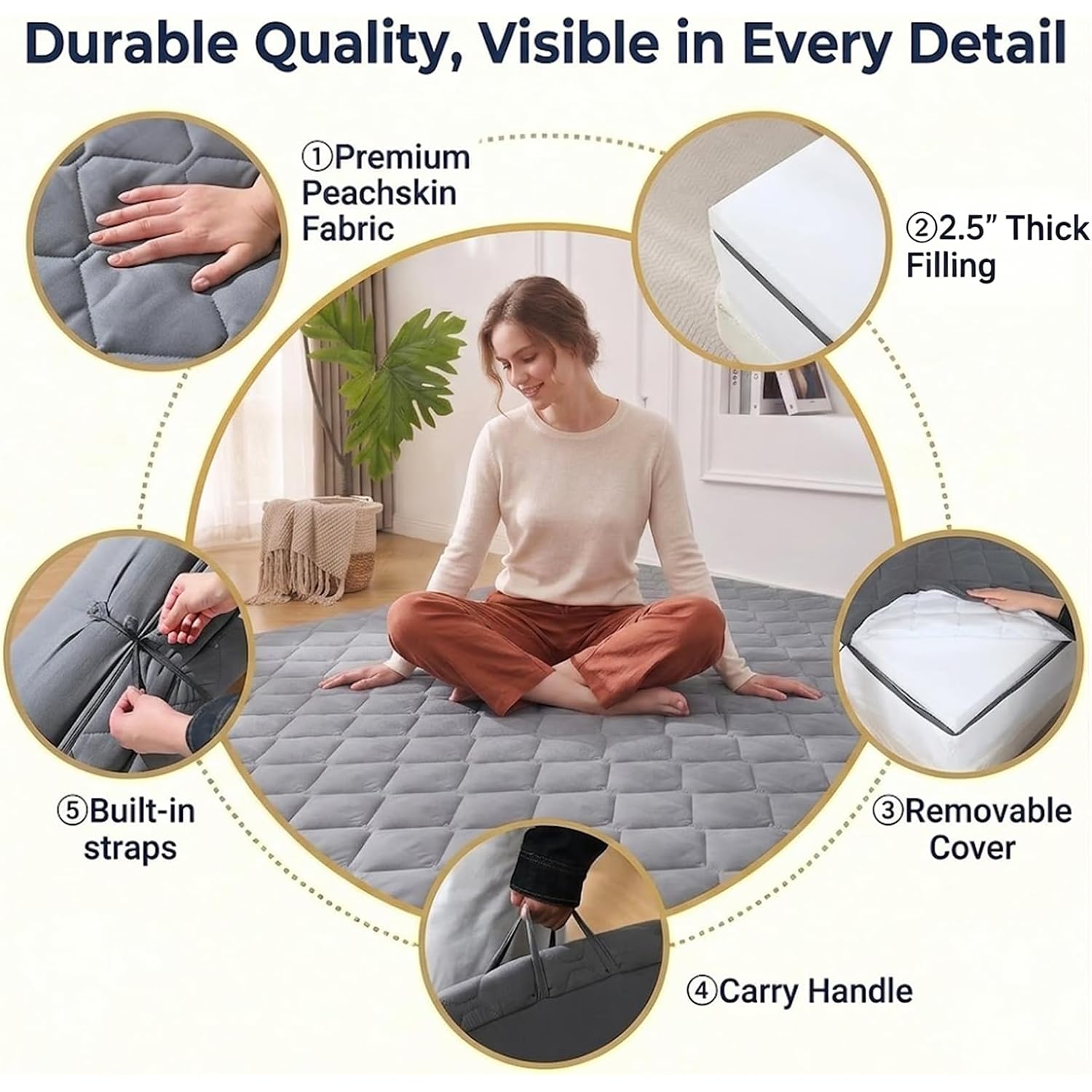 Japanese Floor Mattress, Futon Mattress Roll Up Tatami Mat With Handle, Foldable Floor Bed Sleeping Pad For Camping, Twin Size, Grey(39X75)