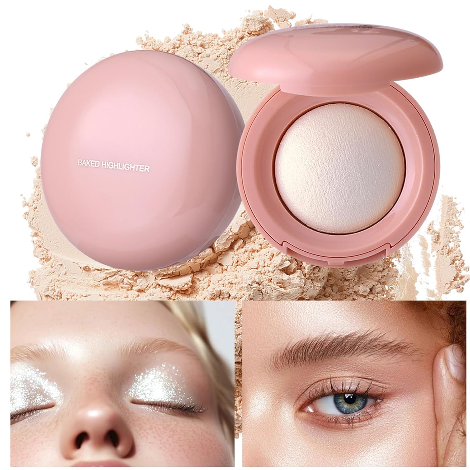 Baked Highlighter Powder Palette - Buildable Natural Finish Highlighter, Lightweight Shimmery & Matte Face Powder for Cheekbones,Makeup Gift for Women & Girls(01#-Light pearlescent)