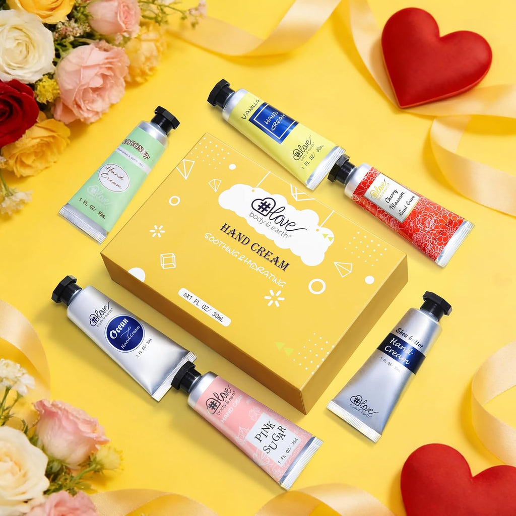 BODY & EARTH # LOVE Hand Cream Gifts Set,Mothers Day Gifts for Mom,Travel Size Hand Cream for Women,Mini Moisturizing Hand Lotion for Dry Cracked Hands,Nurses Week Appreciation Gift Teacher, 6 x 1 OZ