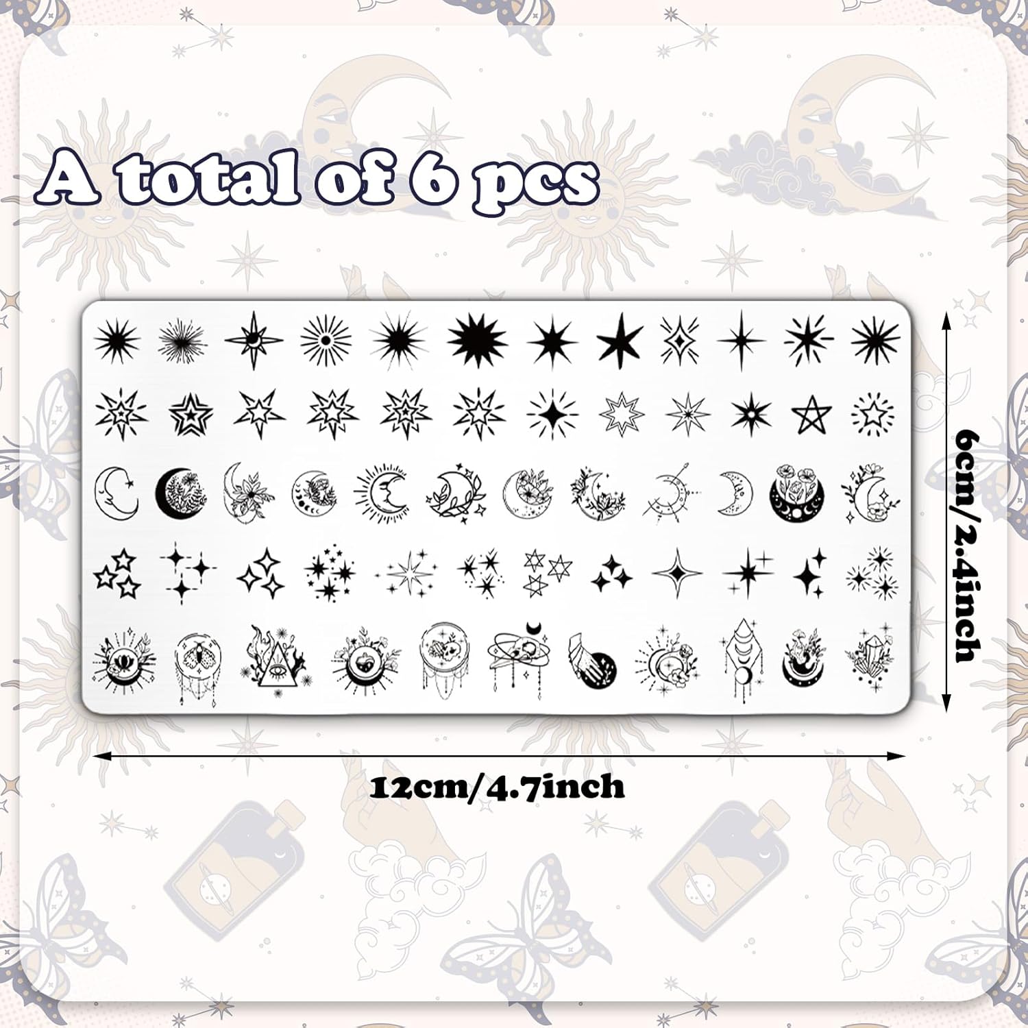 Whaline 6 Pcs Sun Moon Star Nail Plates Stamping Set Groovy Stamp Templates Nail Art Plates for DIY Print Manicure Salon Design Gift Supplies