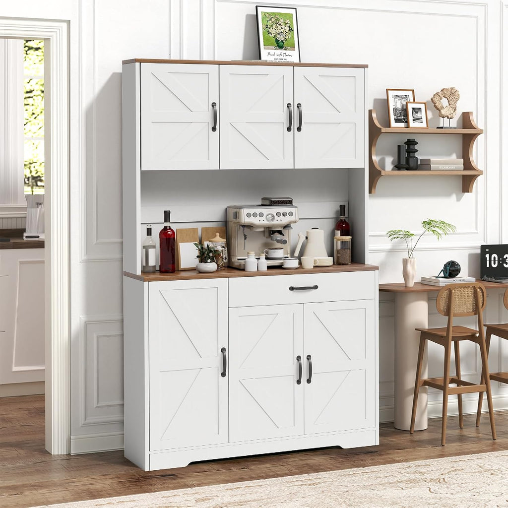 71" Pantry Cabinet With Charging Station, Large Capacity Kitchen Hutch Storage Cabinet, Kitchen Cabinet With Microwave Stand, Storage Drawers & Adjustable Shelves For Dining Room, White