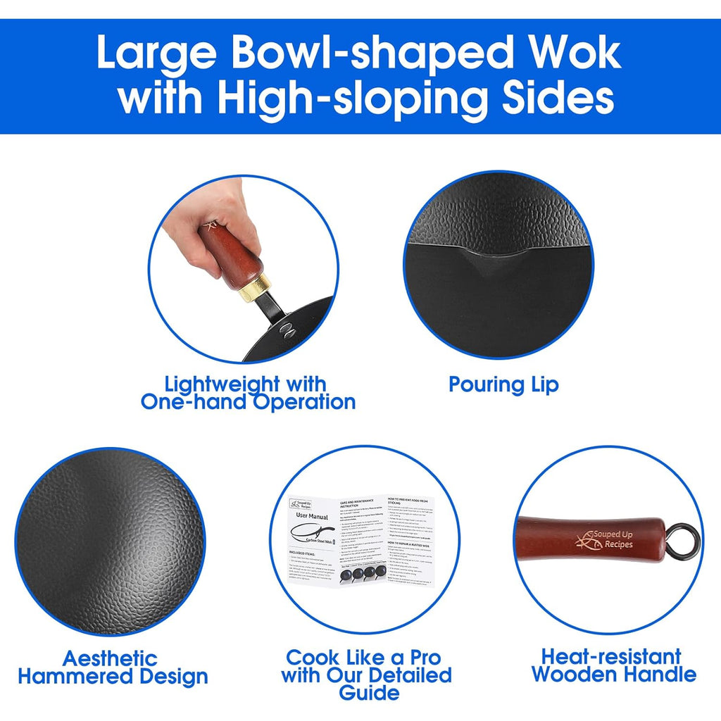 Souped Up Recipes 10 Inch Carbon Steel Wok For Electric, Induction and Gas Stoves (Lid and User Guide Video Included)