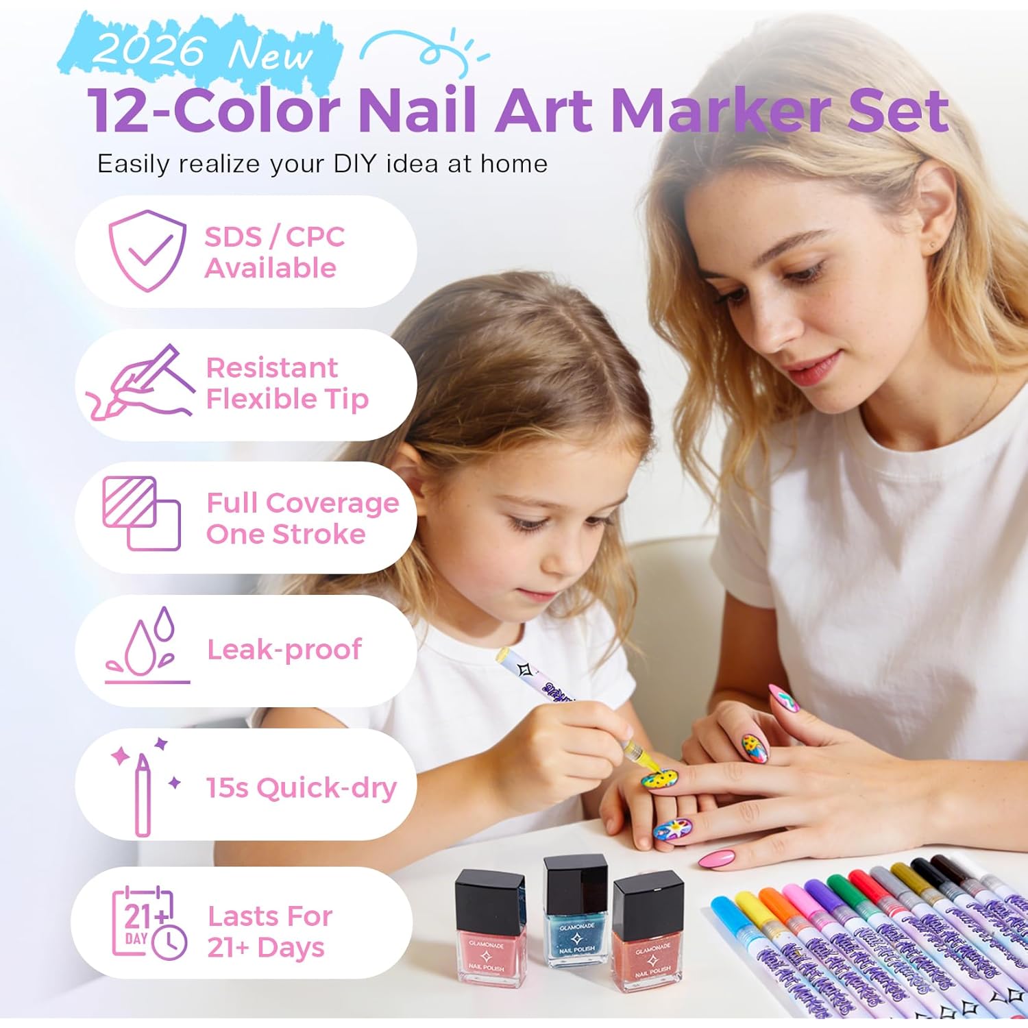 Glamonade Nail Art Markers for Kids: 0.5MM Fine Tip Vibrant Nail Polish Pens Non Toxic Set for Painting Decorate Nails Graffiti Pens DIY Salon Design & Quick Dry Hours of Fun Girls Safe Manicure Gift