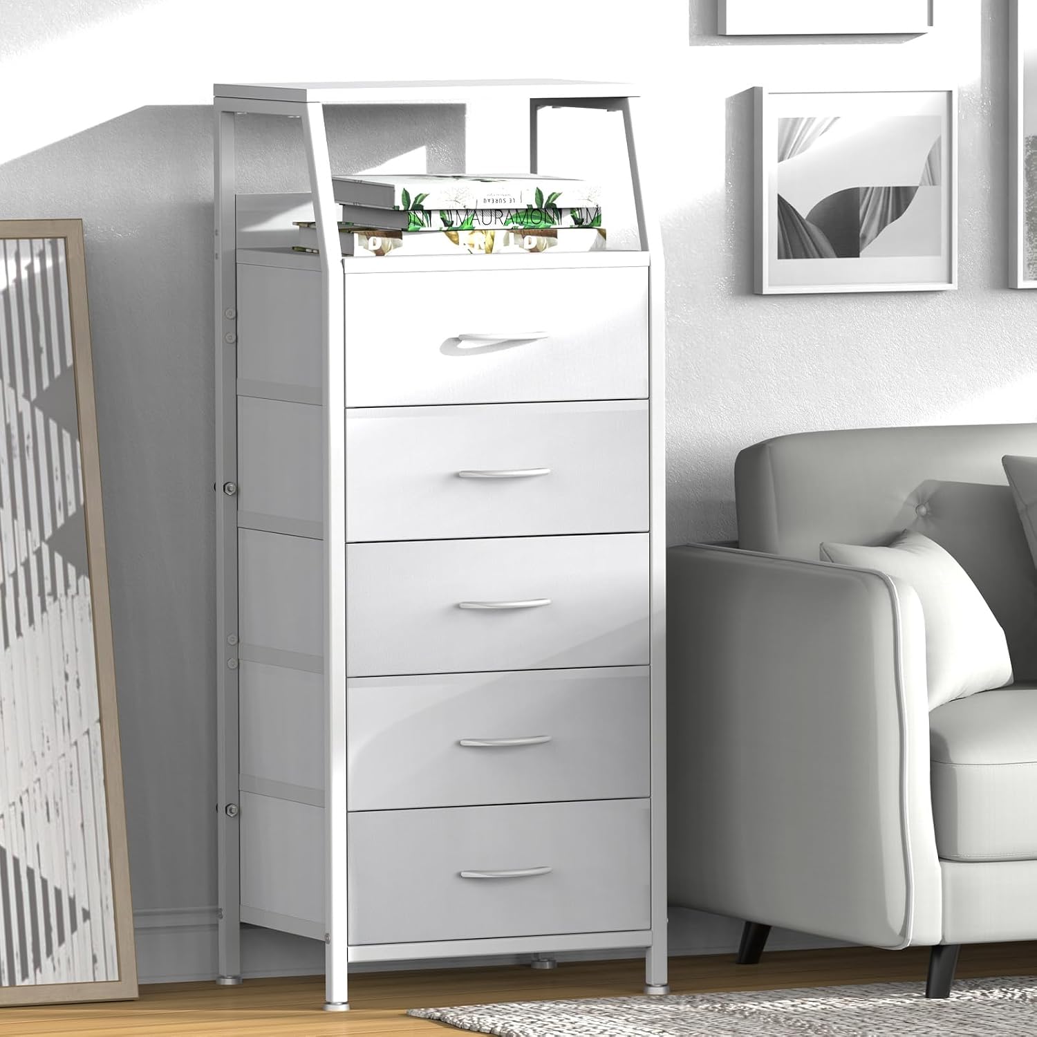 White Dresser For Bedroom, Storage Organizer With 5 Drawers, Vertical Fabric Storage Stand, Nightstand Bedside Table, Sturdy Steel Frame & Wooden Top