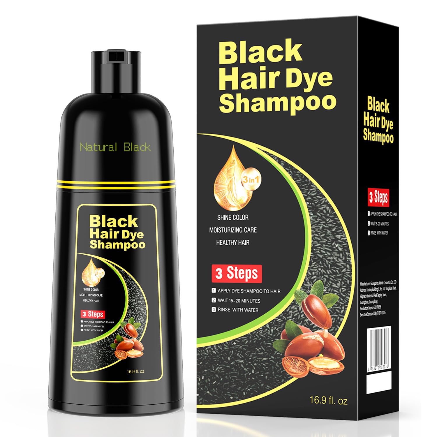 KAISASA Black Hair Dye Shampoo 3 in 1，Argan Natural Herbal Formula Hair Color Shampoo Covers Gray Hair for Women and Men (16.9 fl.oz Black)