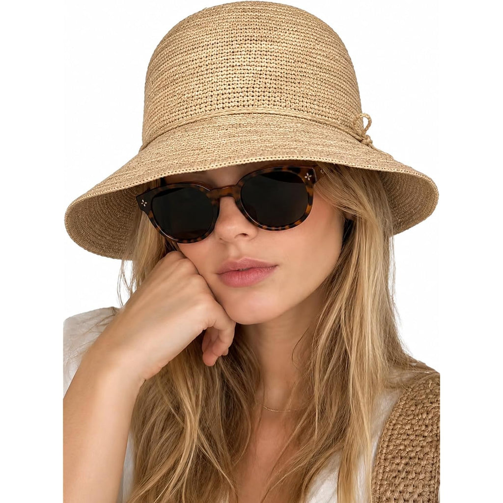 Natural Raffia Straw Bucket Hat For Women Sun Beach Handmade Raffia Woven Bucket Hat Foldable Summer Cap