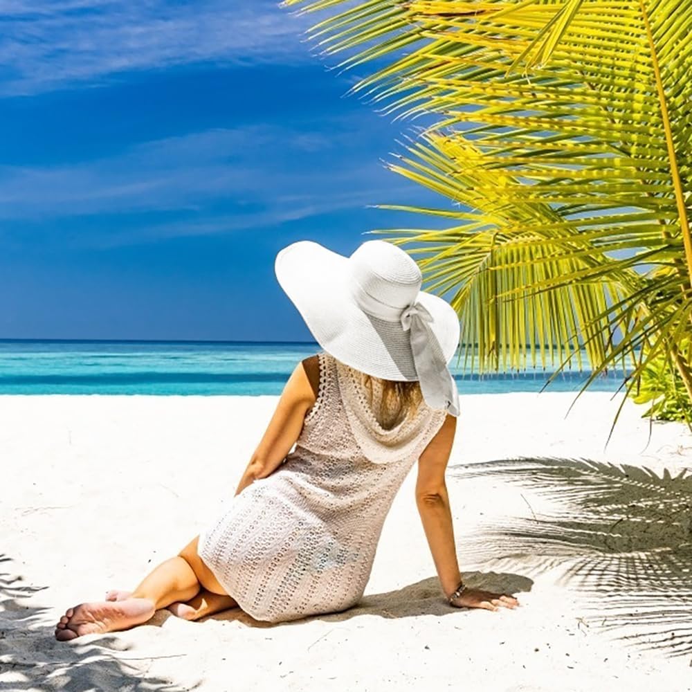 Sun Hats for Women Straw Wide Brim Summer Beach Hat with Big Bow Floppy Foldable Roll up Cap for Outdoor UPF 50+ Big Bow : White
