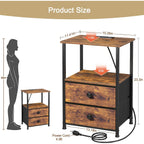 Night Stand, Nightstands Set Of 2 With Charging Station | Bedside Table With 2 Fabric Drawers For Bedroom, End Tables With Storage Shelf For Small Spaces, Rustic Brown