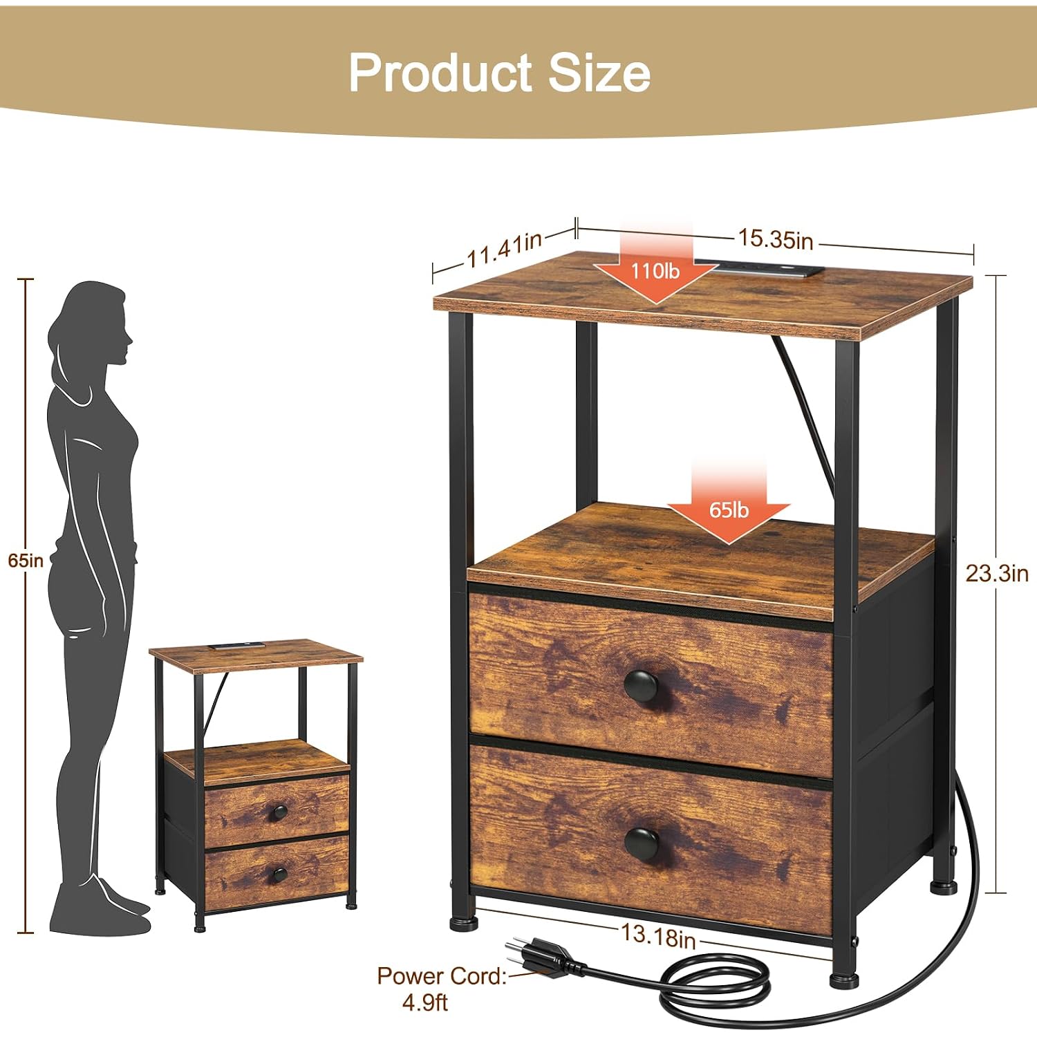 Night Stand, Nightstands Set Of 2 With Charging Station | Bedside Table With 2 Fabric Drawers For Bedroom, End Tables With Storage Shelf For Small Spaces, Rustic Brown