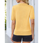 Women Short Sleeve Polo Sweater V Neck Knitted Tops Casual Ribbed Shirt Loose Pullover Sweater