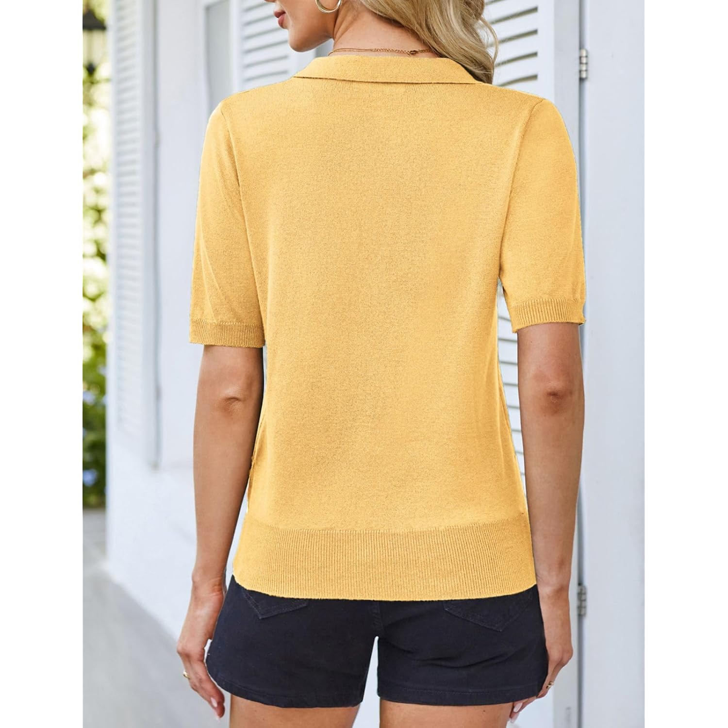 Women Short Sleeve Polo Sweater V Neck Knitted Tops Casual Ribbed Shirt Loose Pullover Sweater