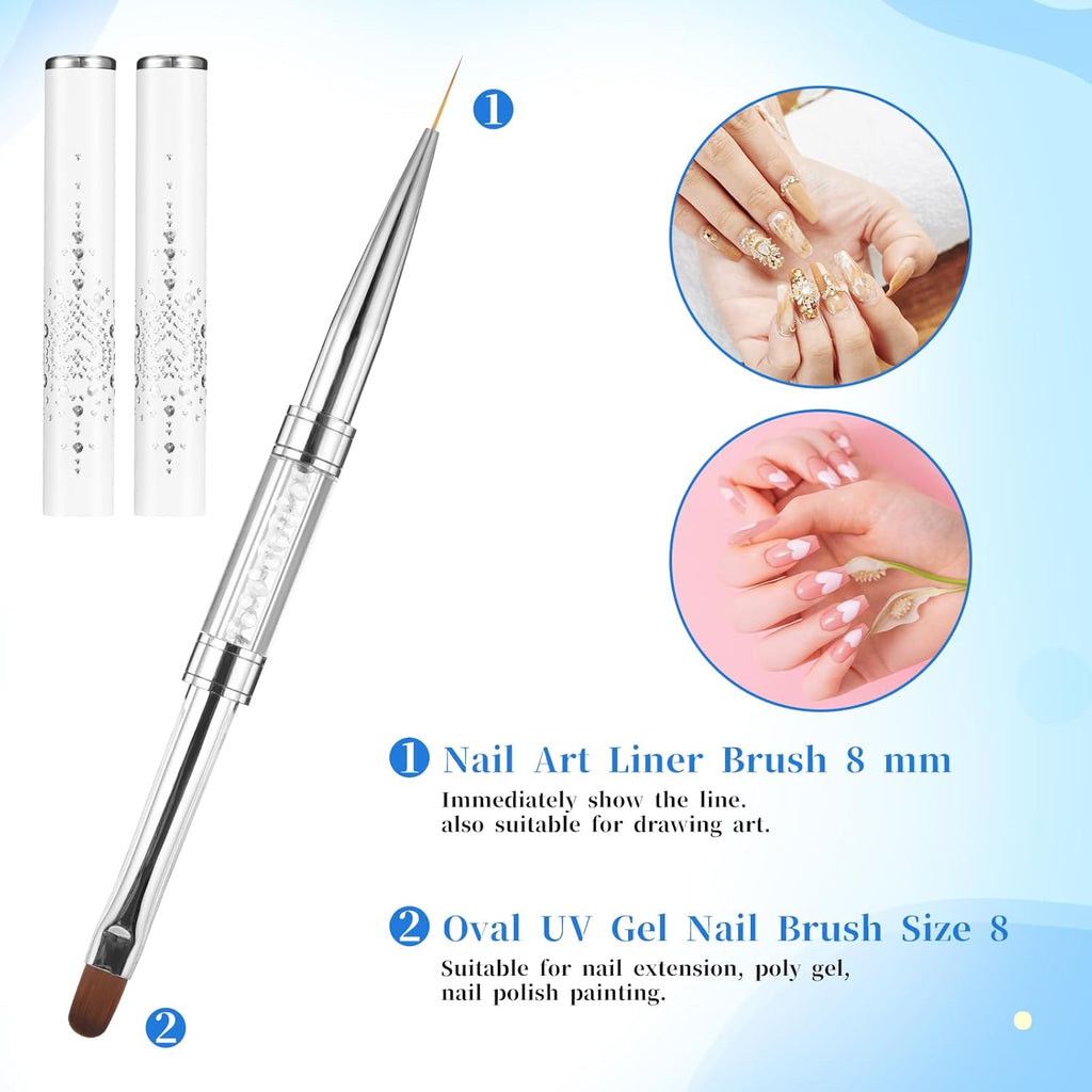 JJUNW 2 Pcs Double Ended Nail Builder Gel Brush, French Tip Brush Hard Gel for Nails, Brush Liner Brush Nails Hard Gel for Design Nails Professional Nail Art(White)