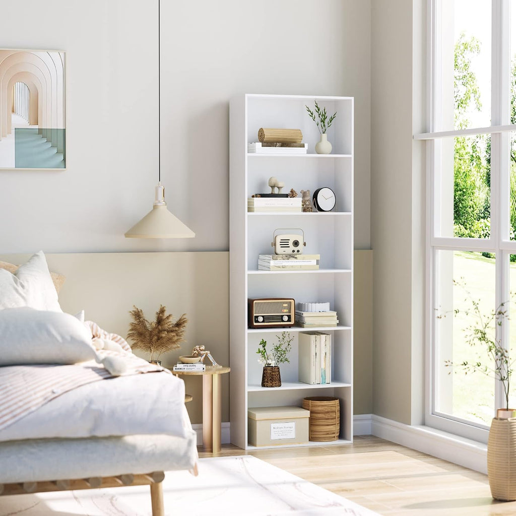 Fotosok 6-Tier Open Bookcase And Bookshelf, Freestanding Display Storage Shelves Tall Bookcase For Bedroom, Living Room And Office, White