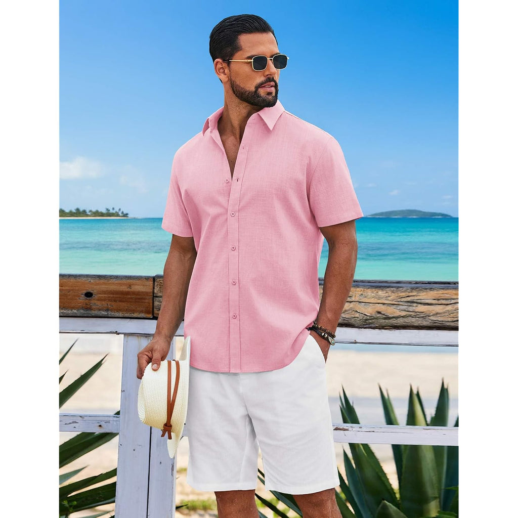 Coofandy Mens Button Down Shirts Short Sleeve Casual Shirt Cotton Summer Beach Linen Wedding Shirts