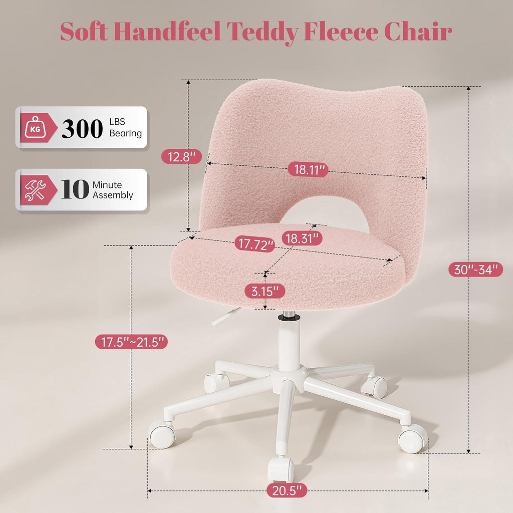 Vanity Chair With Open Back & Wheels,Armless,Pink