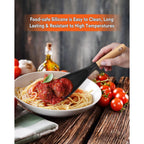 Cooking Spoon For Nonstick Cookwares, Great For Cooking And Serving Sturdy Bpa-Free Matte Silicone, Wood Handle Spoon For Mixing, Scoop, And Scrape (Black & Grey, 11.4 Inch)