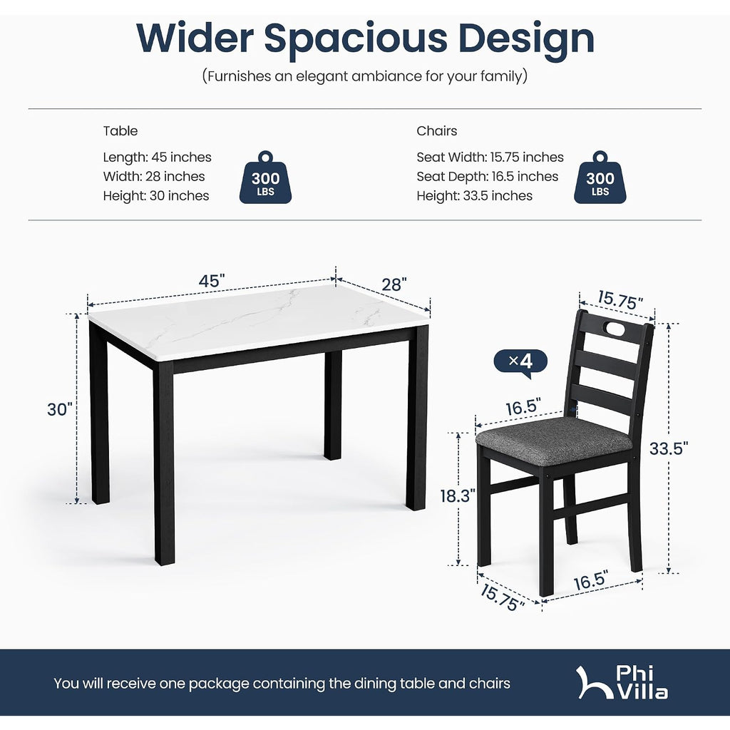Phi Villa Solid Wood Dining Table Set For 4, Marble Design Kitchen Table Chairs Set Of 4, 5 Piece Space-Saving Dining Room Table Set For Apartment, Venatino White Marble& Black