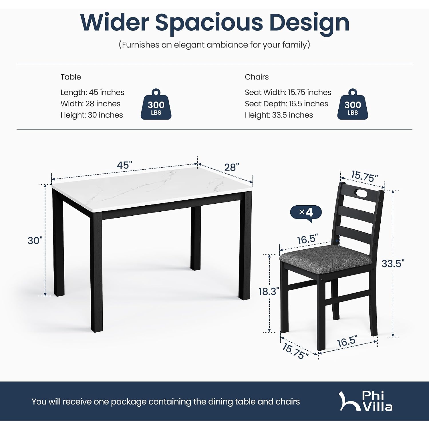 Phi Villa Solid Wood Dining Table Set For 4, Marble Design Kitchen Table Chairs Set Of 4, 5 Piece Space-Saving Dining Room Table Set For Apartment, Venatino White Marble& Black
